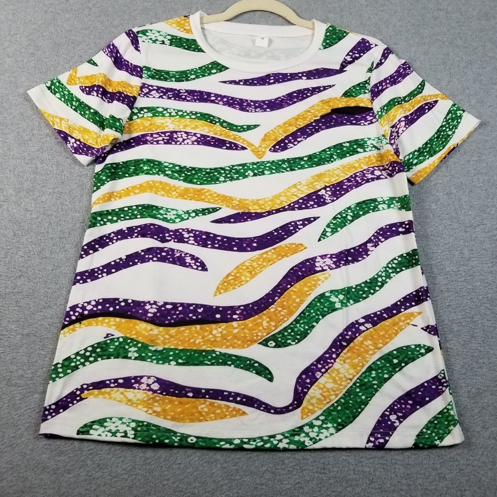 T-Shirt Womens Medium M Purple Green Gold Mardi Gras Zebra Striped Print Top Tee